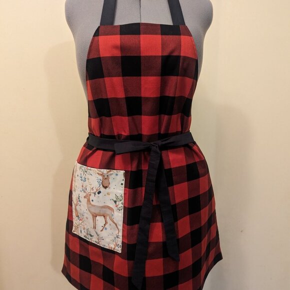 NWT Handmade Reversible Apron - Christmas deer and buffalo plaid One Size - OOAK - Picture 3 of 4